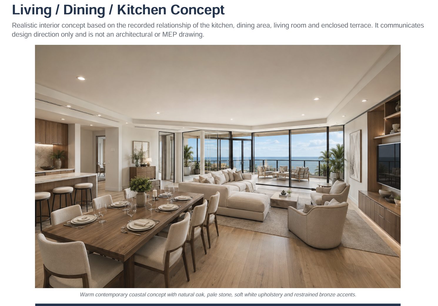 Living, dining, and kitchen interior concept of the same residence